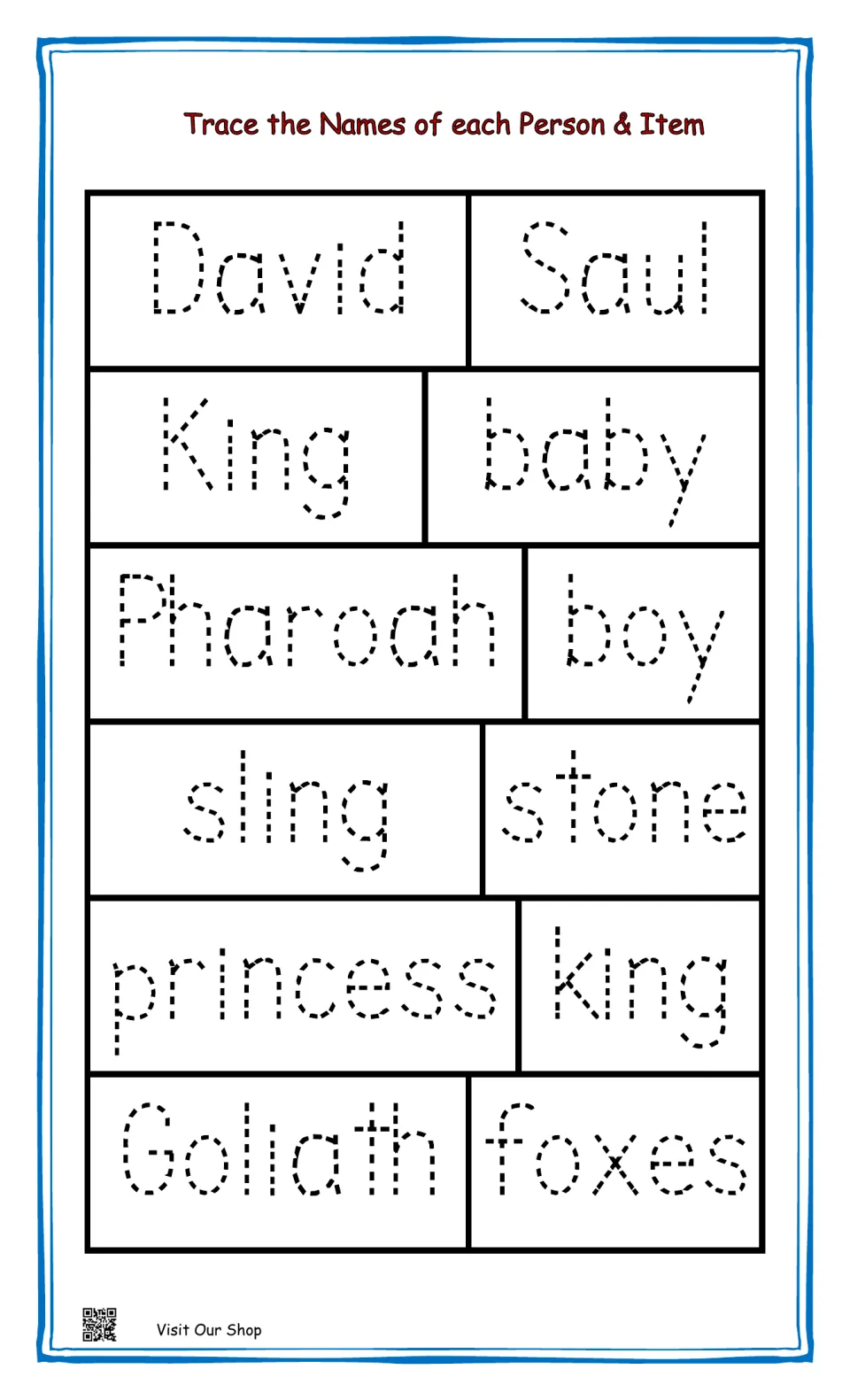 Bible quiz word-tracing practice with 12 entries, including David, Saul, sling, stone, princess, and Goliath