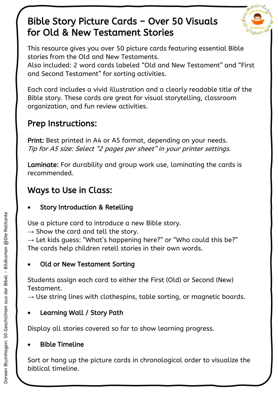 Teacher guide: print and laminate tips plus class uses such as story retelling, testament sorting and a Bible timeline