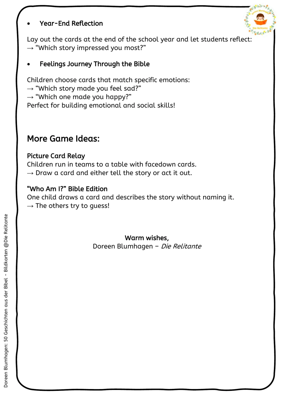 More card activities: year-end reflection, a feelings journey, a picture card relay and a 'Who Am I?' guessing game