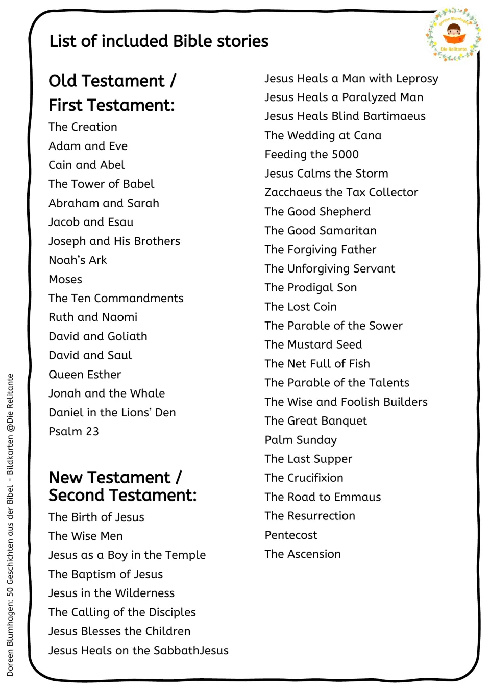 List of included Bible stories, sorted into Old/First Testament from The Creation and New/Second Testament to The Ascension
