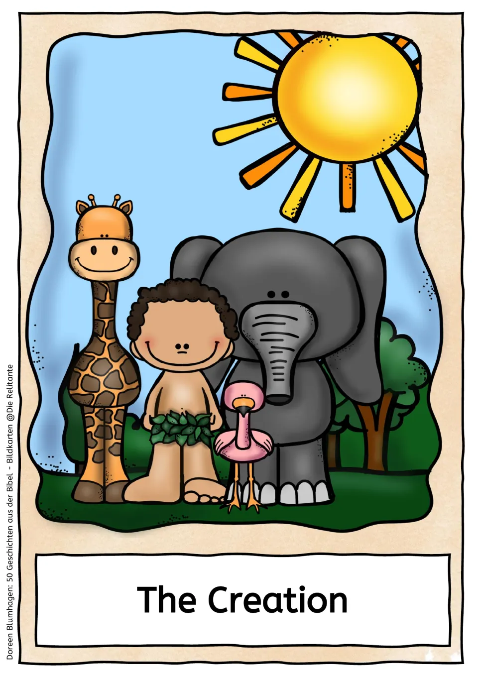 The Creation picture card: a figure in a leaf garment stands with a giraffe, elephant and flamingo under a bright sun