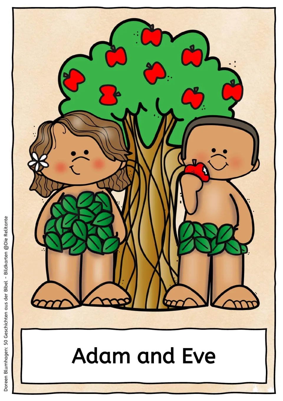Adam and Eve picture card: the pair stand in leaf clothing beside an apple tree while one bites a red apple
