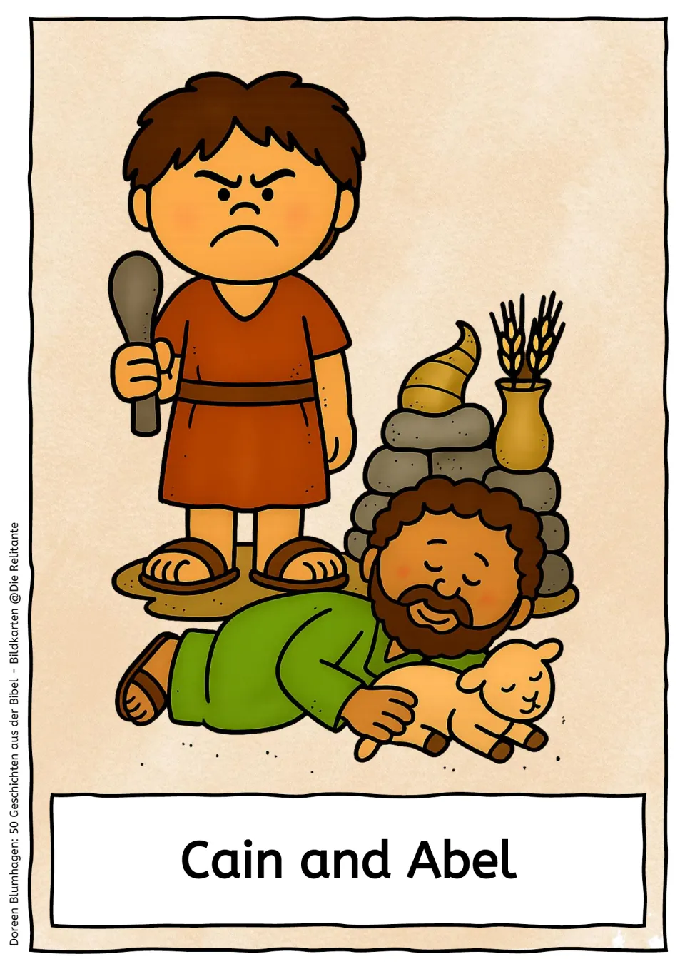Cain and Abel picture card: an angry Cain holds a club near Abel lying beside a lamb and an altar of stones