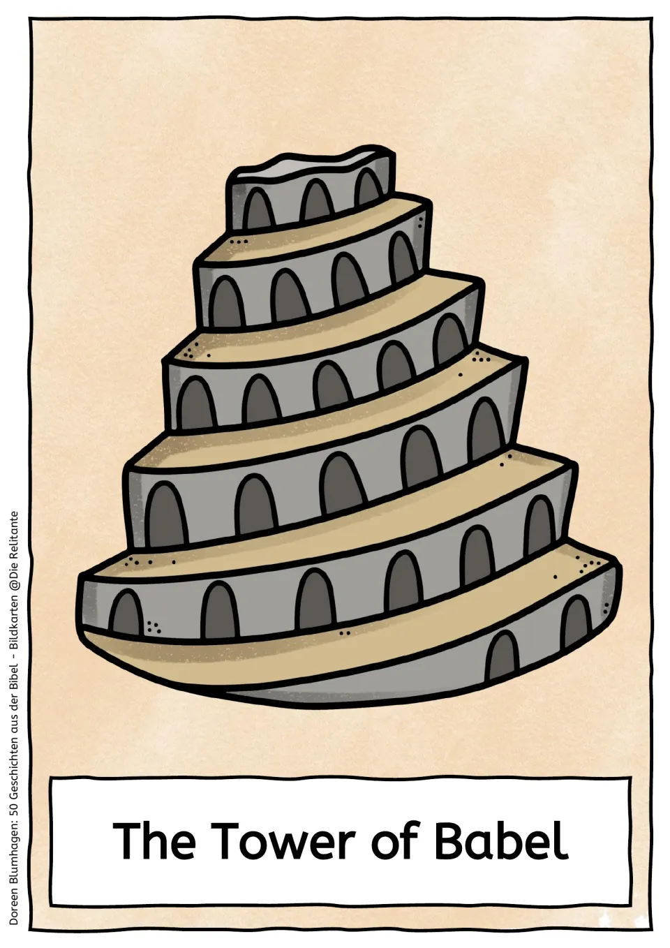 The Tower of Babel picture card showing a tall, tiered stone tower with rows of arched windows narrowing to the top