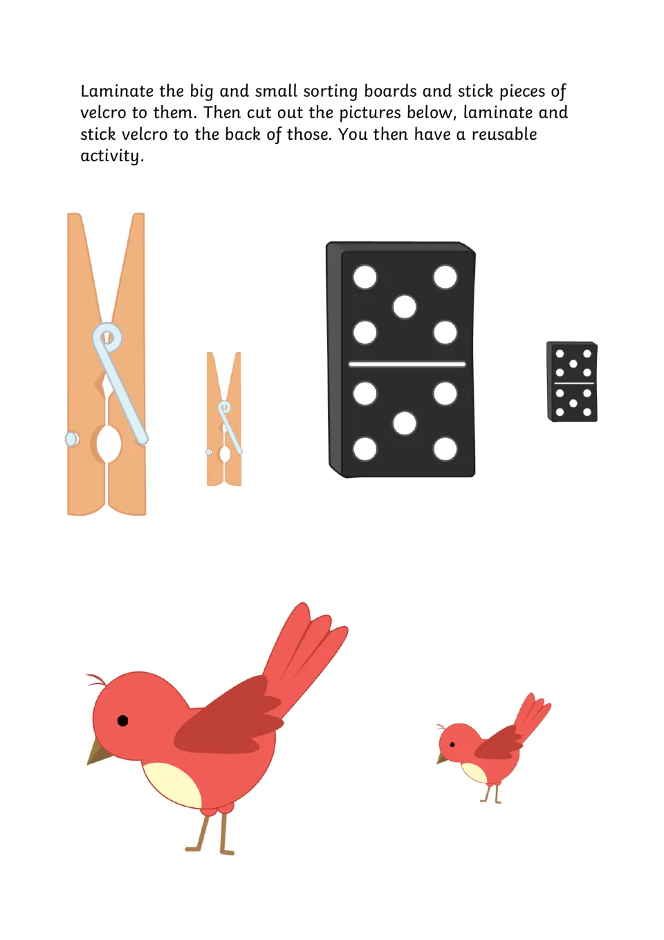 Size sorting picture cards: a big and a small clothespin, domino and bird to cut out, laminate and sort by size