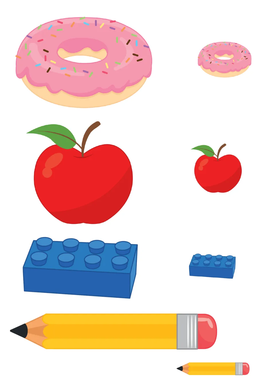Comparing size cut-outs: a big and a small donut, apple, toy brick and pencil for students to sort as big or small