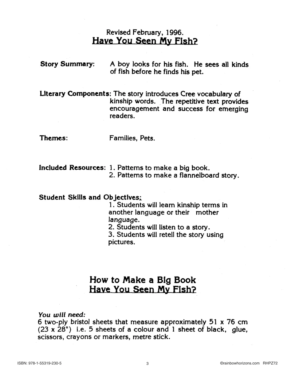 Story overview: a boy searches for his fish, Cree kinship words, themes, objectives and big book supplies list