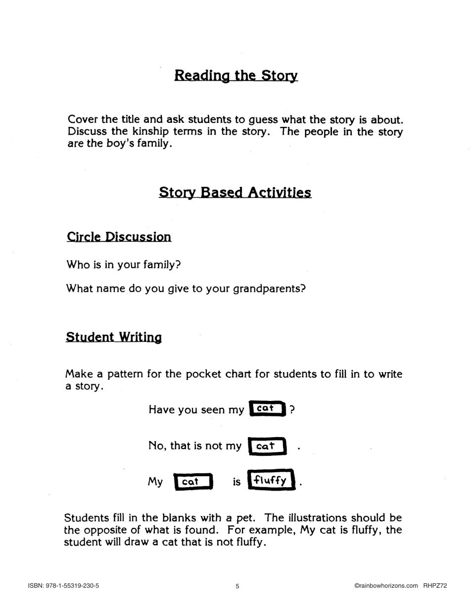 Reading the Story tips, circle discussion questions on family, and a pocket chart frame: 'Have you seen my cat?'