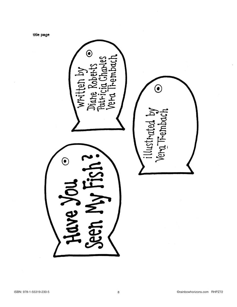 Big book title page pieces: three fish with the title and credits to Diane Roberts, Patricia Charles, Vera Trembach