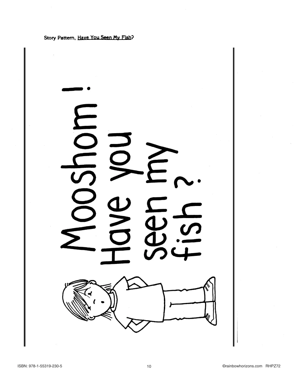 Big book story page: the boy asks 'Mooshom! Have you seen my fish?' using the Cree word for grandfather