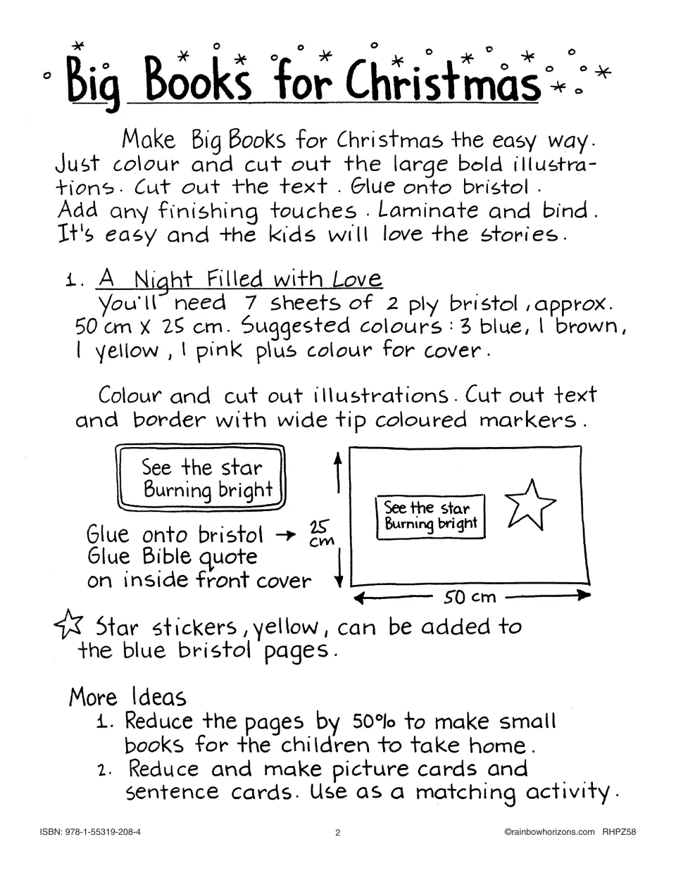 Big book assembly directions for A Night Filled with Love, including supplies and picture-and-sentence matching
