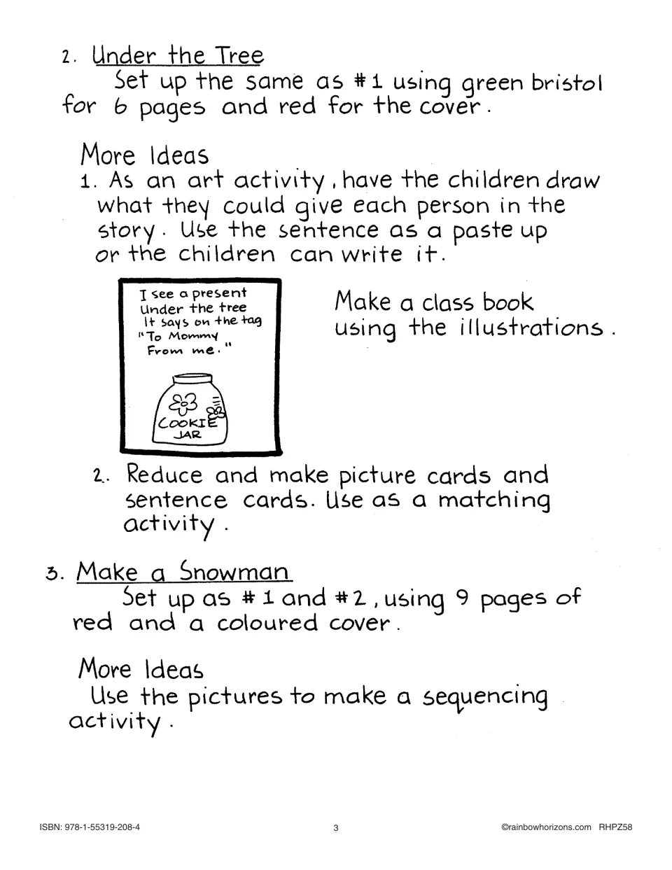 Assembly directions for Under the Tree and Make a Snowman, with class book, matching and sequencing ideas