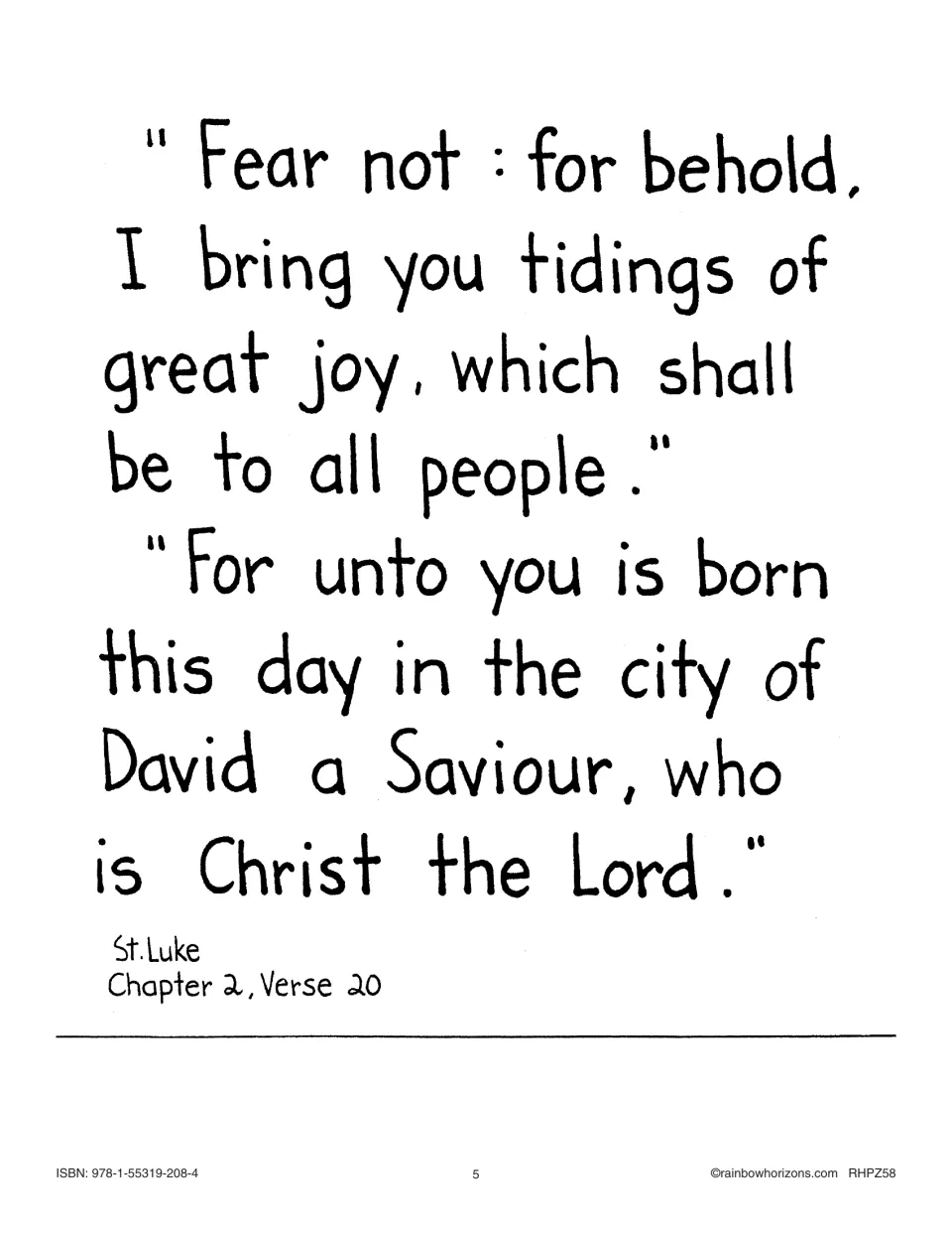 Inside-cover Bible quotation for the first big book begins “Fear not” and announces the birth of Christ