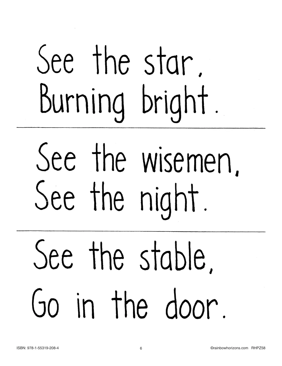 First three cut-out passages for the Nativity big book describe the bright star, wise men and stable