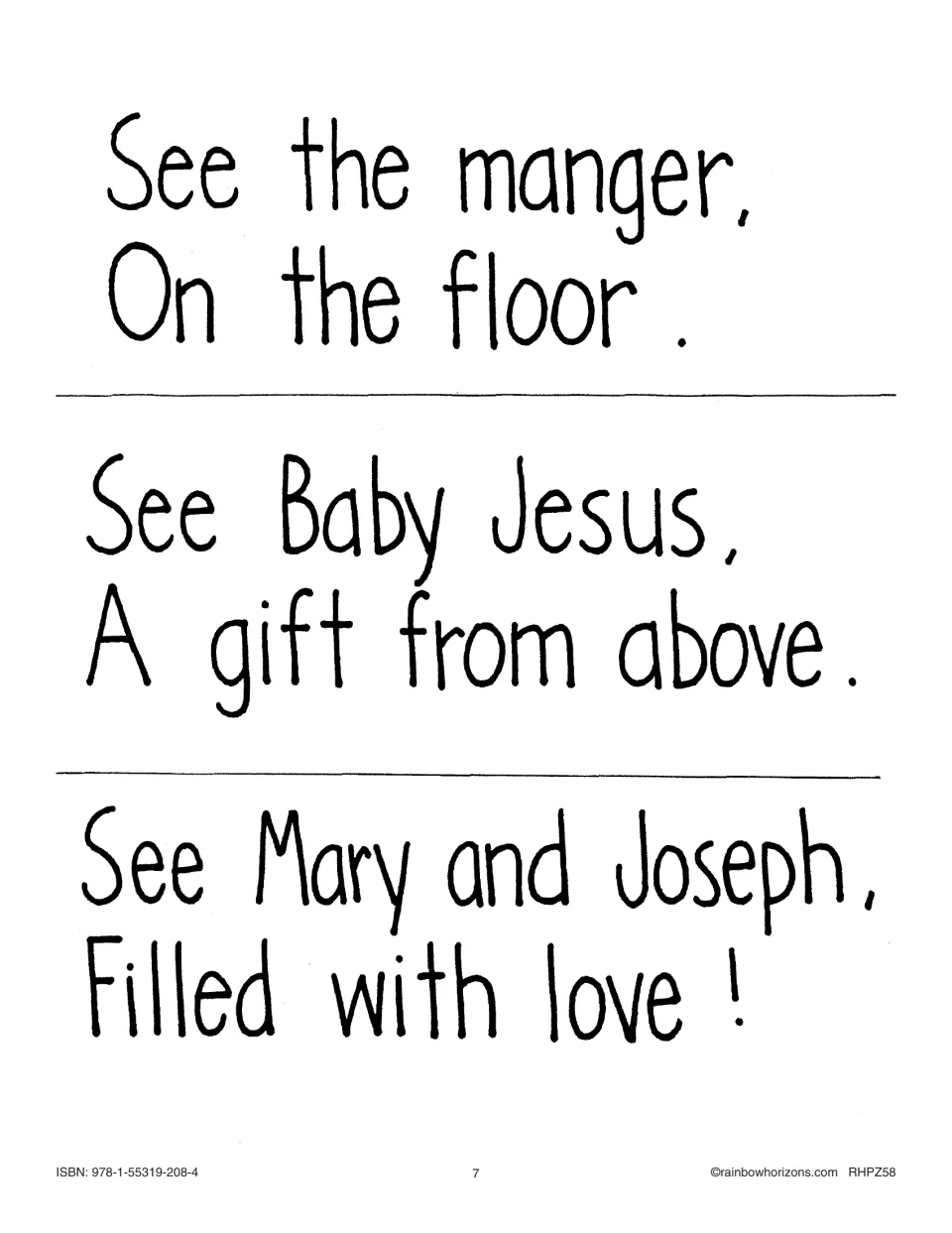 Final three cut-out passages for the Nativity big book describe the manger, Baby Jesus, Mary and Joseph