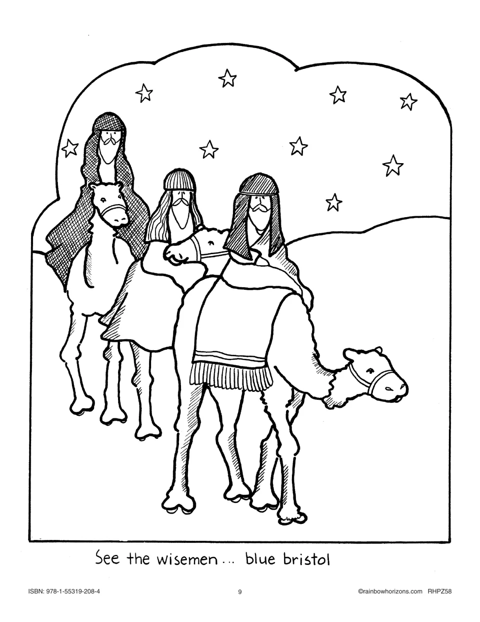Three wise men riding camels under stars, a Nativity big book illustration to color and mount on blue board