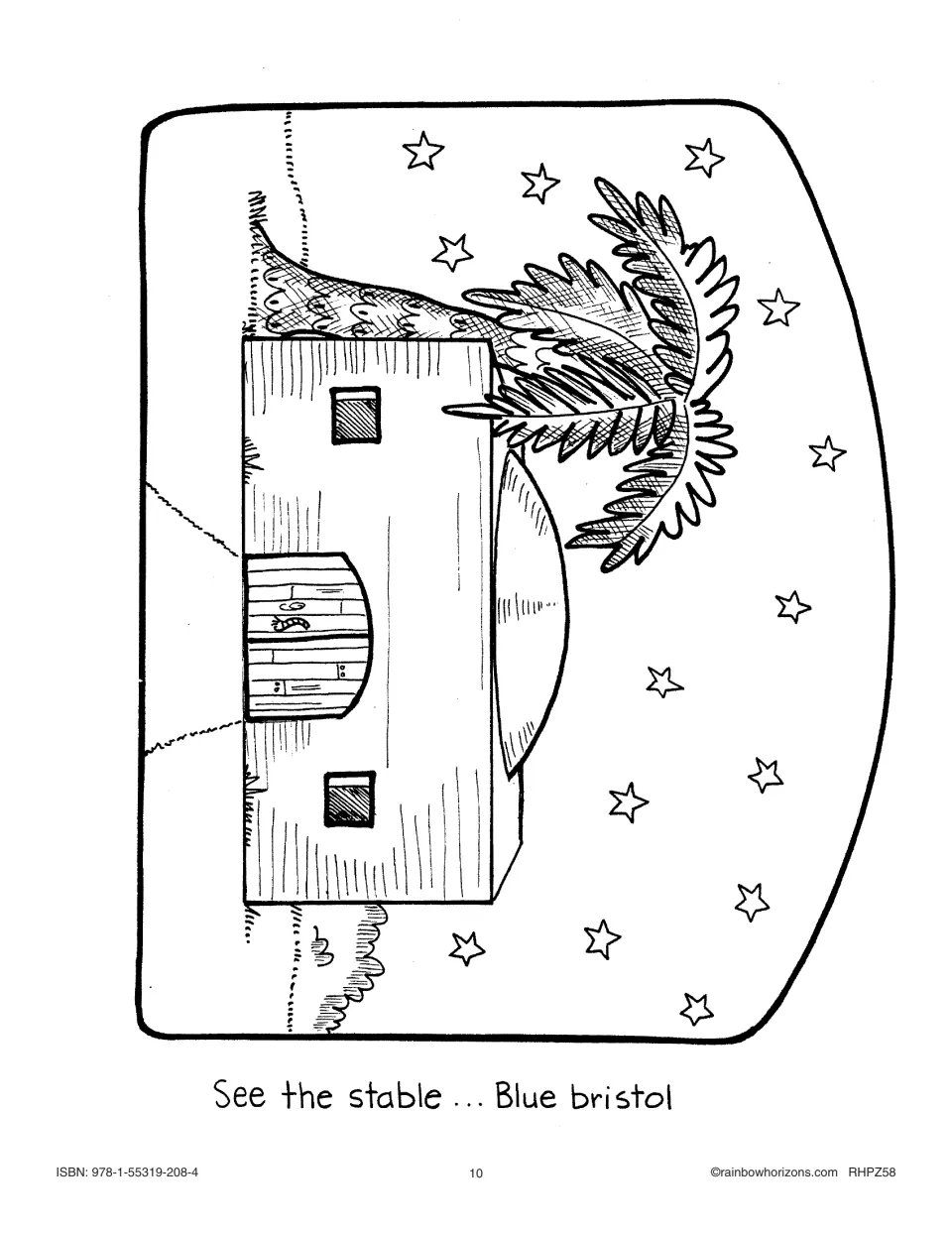 Stable beneath a starry sky, a Nativity big book illustration to color, cut out and mount on blue board