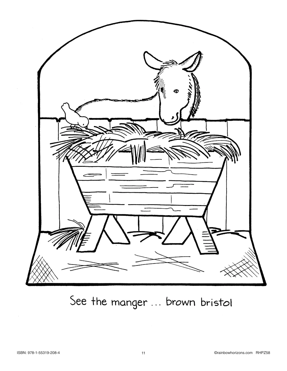 Manger filled with straw beside a donkey, a Nativity big book illustration to color and mount on brown board