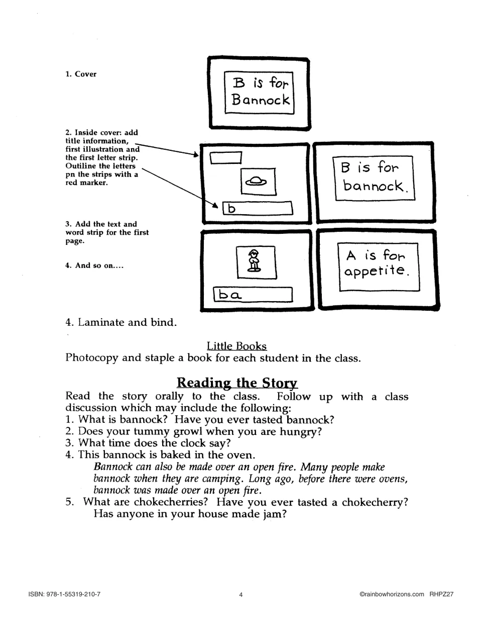 Big book assembly diagram (B is for bannock, A is for appetite pages) and Reading the Story discussion questions