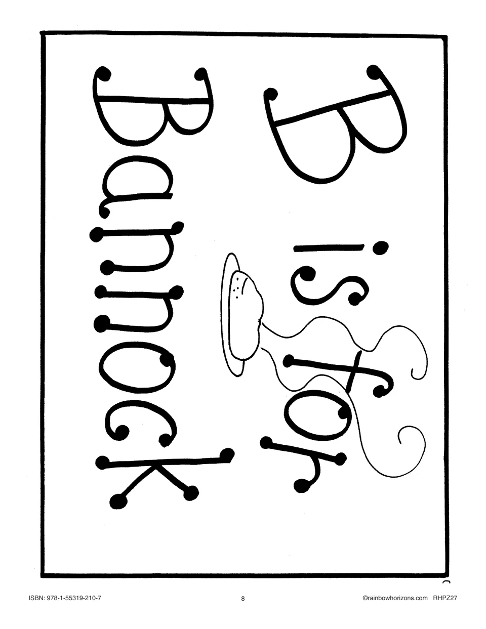 B is for Bannock big book cover pattern: the title in large letters beside a steaming bannock on a plate