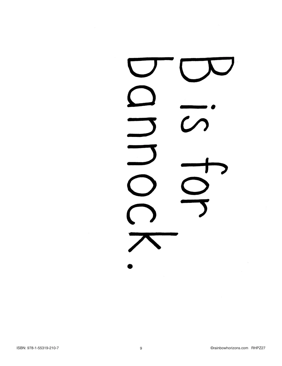 Big book text page reading 'B is for bannock.' in large print, the first page of the acrostic story