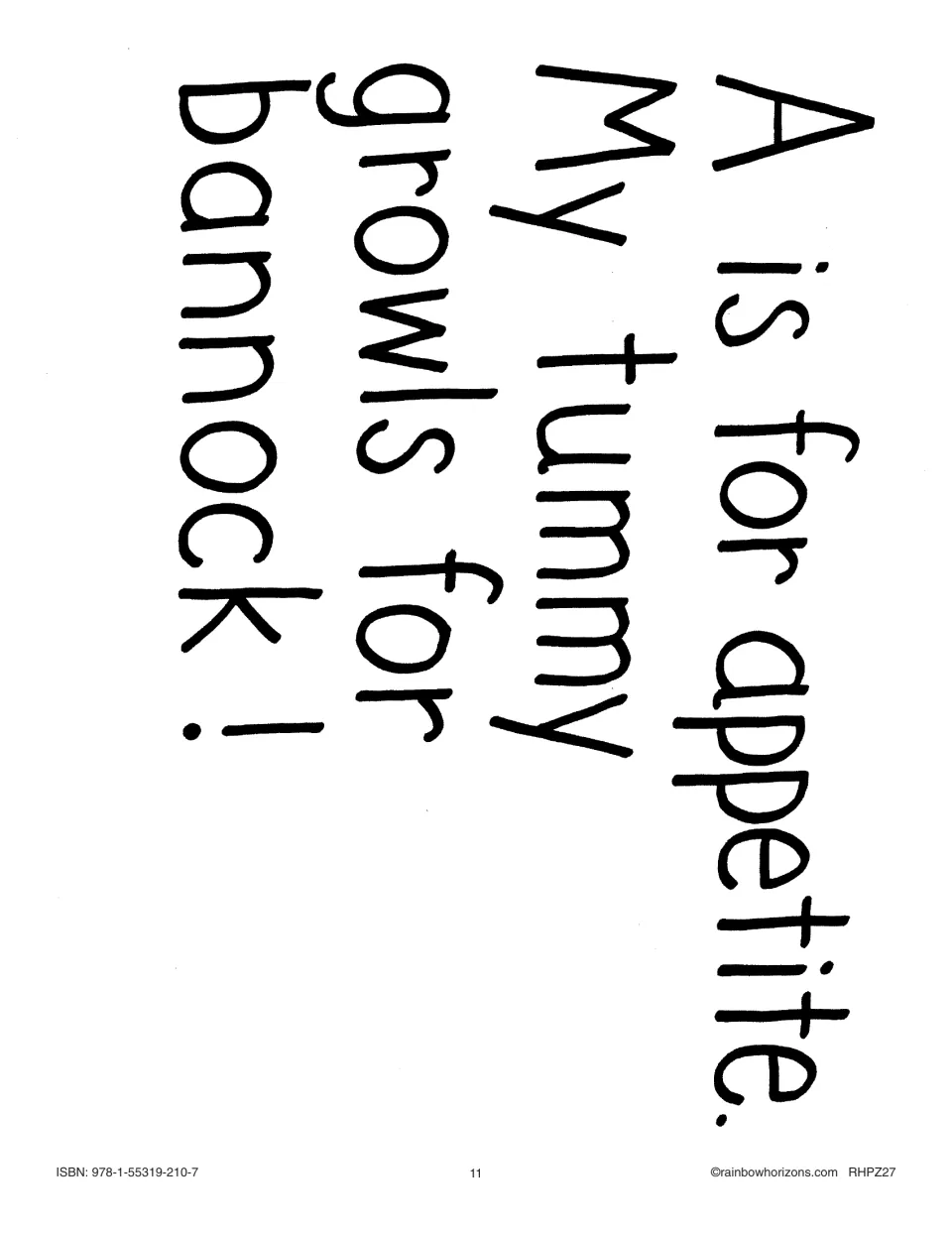 Big book text page: 'A is for appetite. My tummy growls for bannock!', the second letter of the acrostic