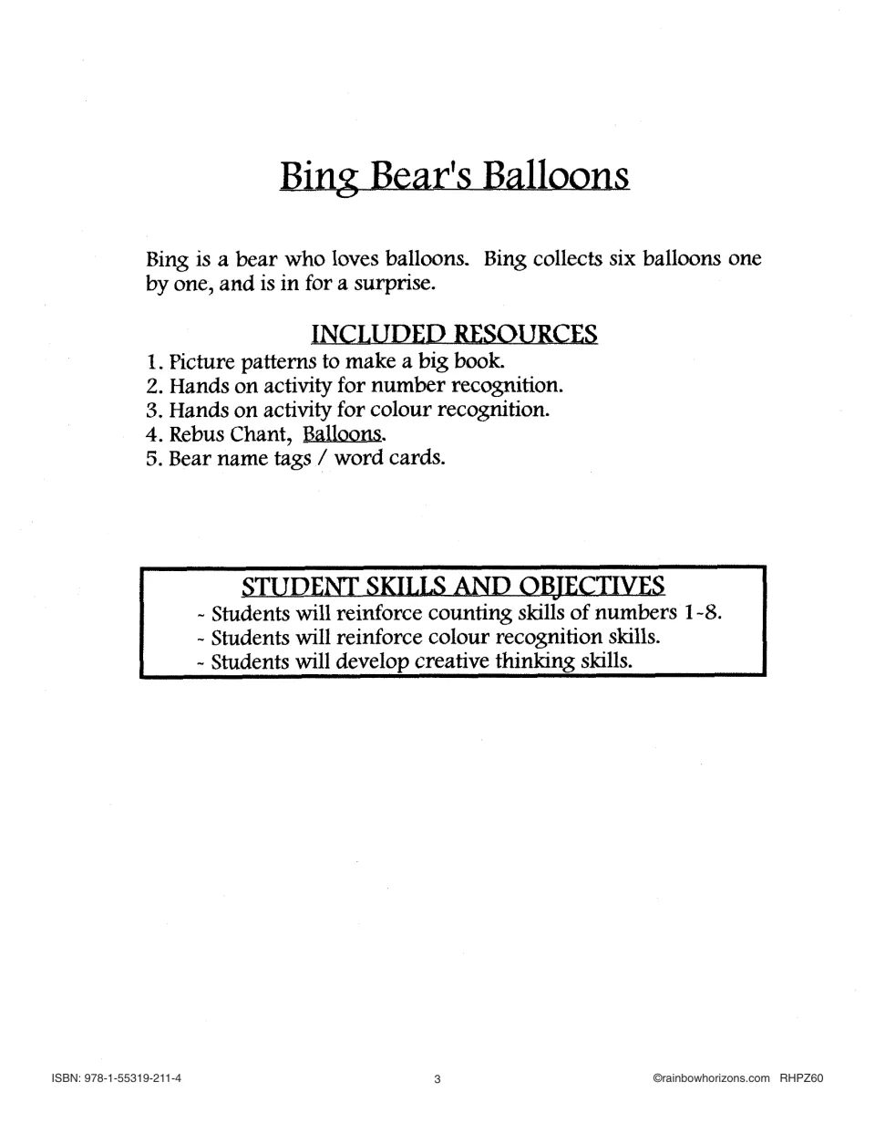 Balloon story overview lists book patterns, number and color activities, a rebus chant, and bear word cards