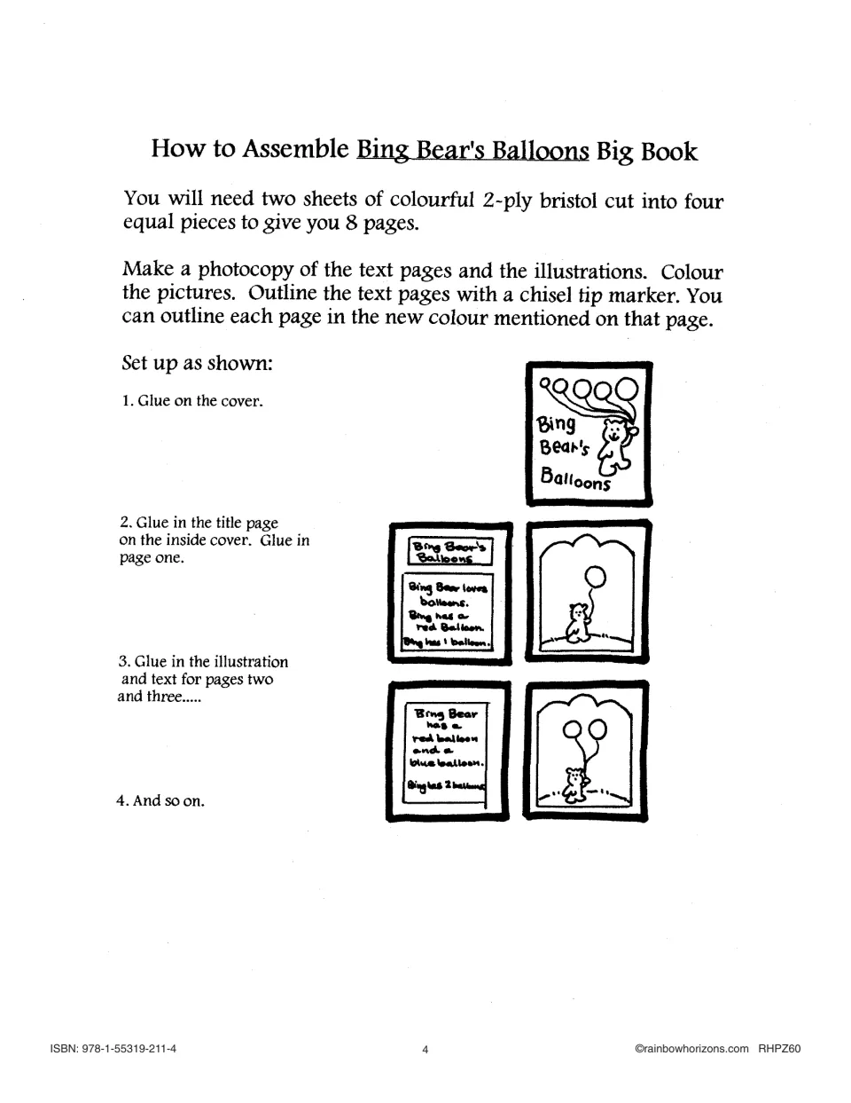 Big book assembly directions explain preparing eight pages, coloring pictures, and attaching text and illustrations