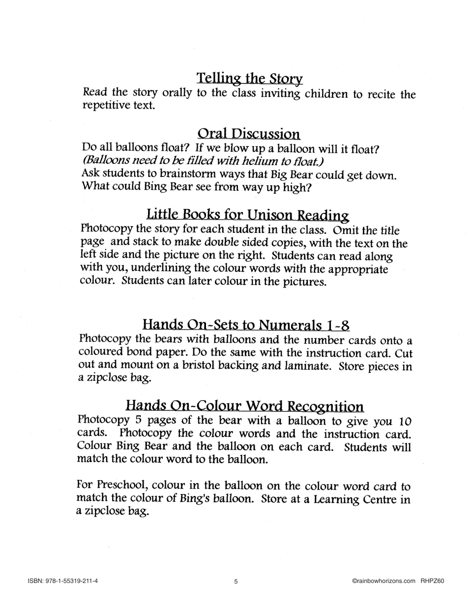 Teacher directions cover oral reading, balloon discussion, little books, counting 1–8, and color word matching