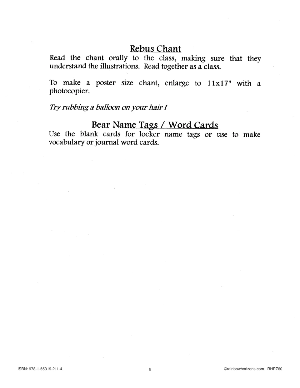 Teacher directions explain reading and enlarging the rebus chant and using bear cards for names or vocabulary