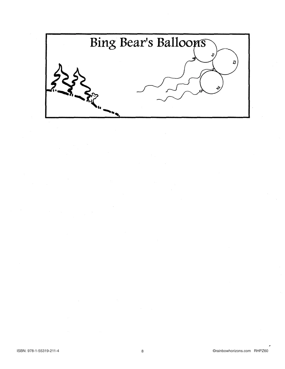 Inside title piece for the balloon big book includes the story name and three balloons floating past trees