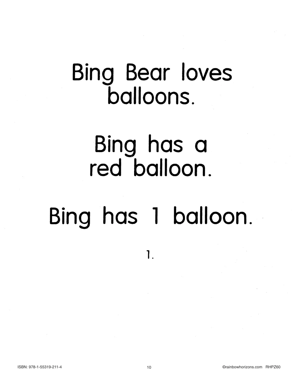Story text page 1 reads 'Bing Bear loves balloons,' introduces his red balloon, and states 'Bing has 1 balloon'