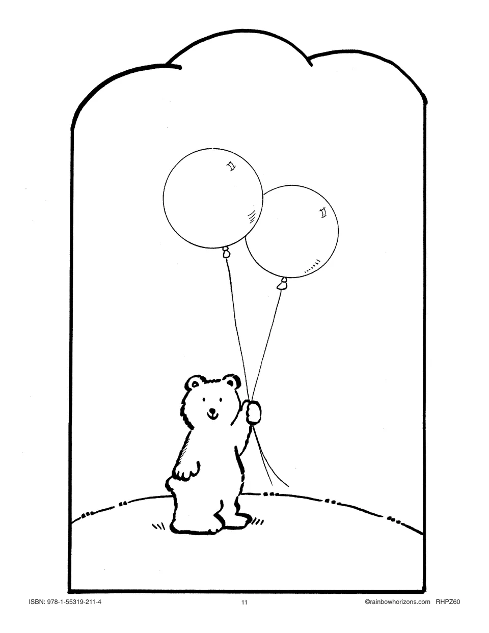 Second story illustration for the balloon big book shows Bing standing on the ground holding two balloons