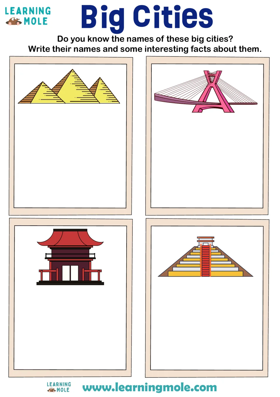 Big cities by landmark: students name the cities shown by pyramids, a cable bridge, a red temple and a step pyramid