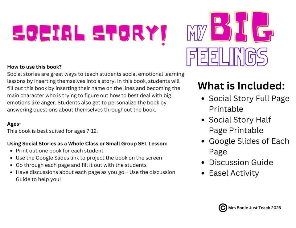 My Big Feelings social story guide: how to use the anger book, ages 7-12, lesson steps and a list of what is included