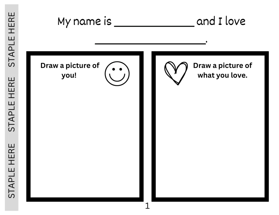 All about me page: students fill in their name and something they love, then draw themselves and what they love