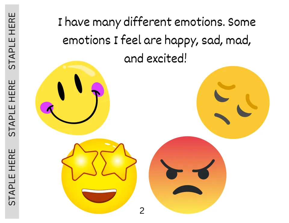 Naming emotions: story text says I feel happy, sad, mad and excited, shown with four emoji faces for students to read