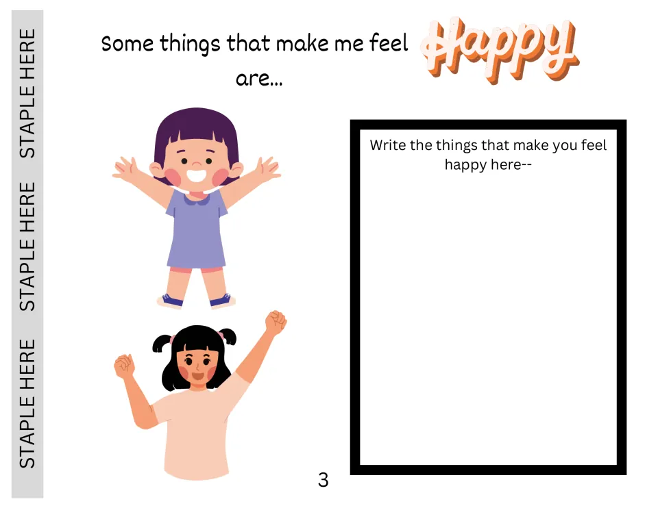 Things that make me feel happy: students list what makes them happy, next to two cheering children