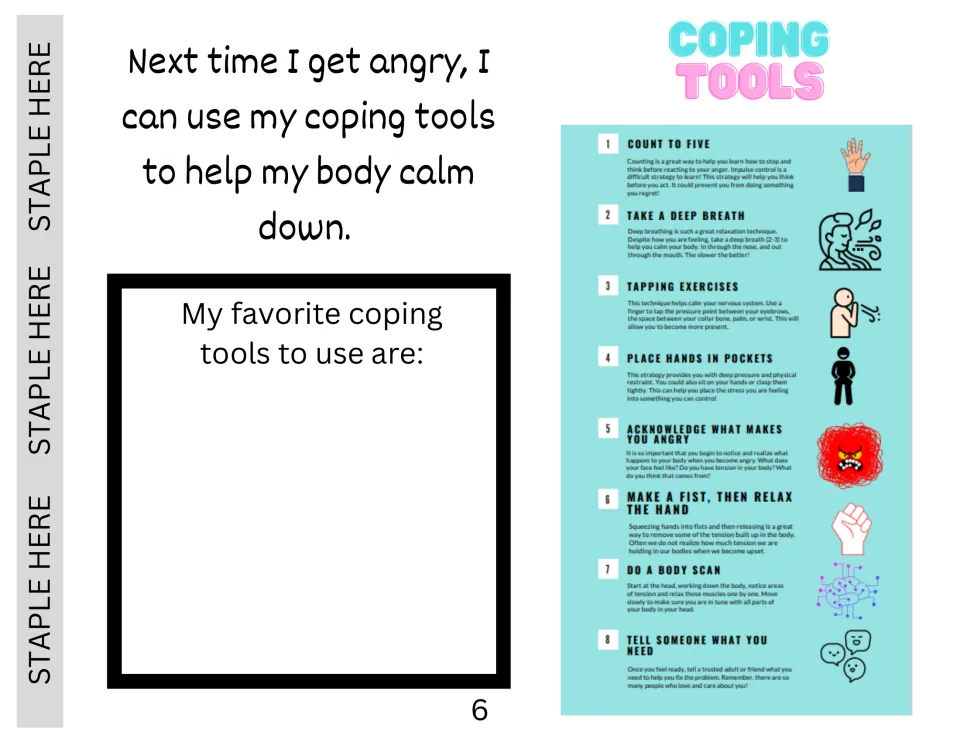 Coping tools: students write their favorite calming strategies, using a chart of 8 such as count to five and deep breaths
