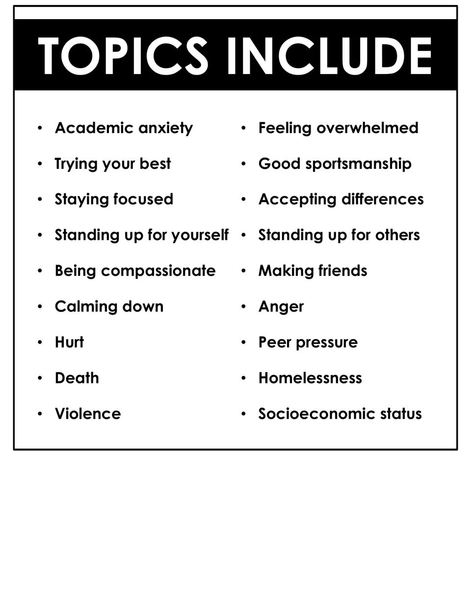 List of 18 passage topics, from academic anxiety and peer pressure to death, homelessness and socioeconomic status