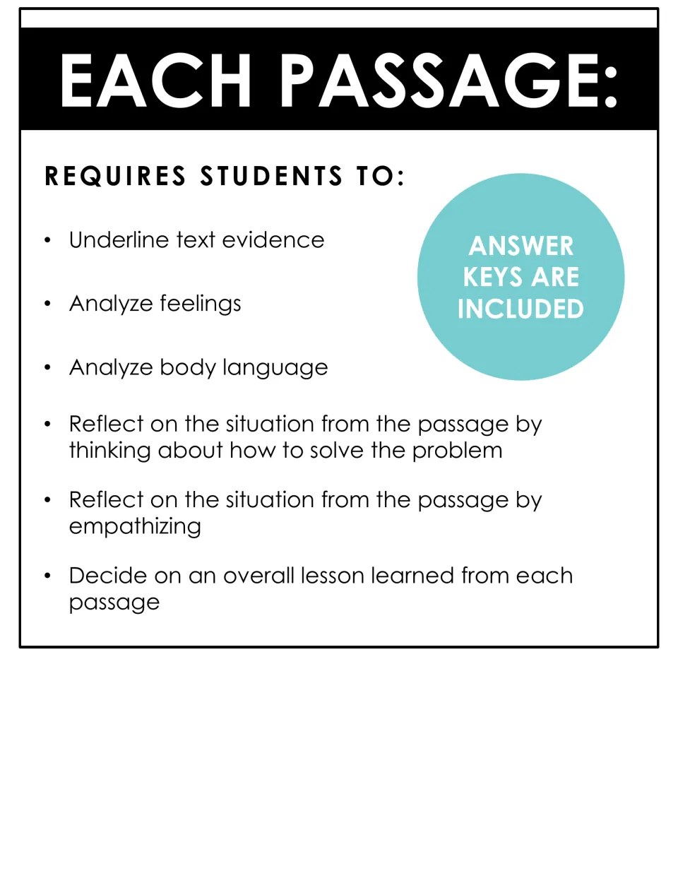 Passage task overview: students underline text evidence, analyze feelings and body language, reflect and find a lesson