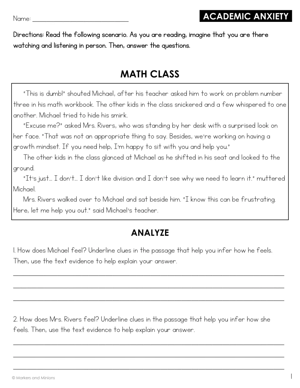 Academic anxiety, Math Class: students read about Michael's outburst over division and infer how he and Mrs. Rivers feel