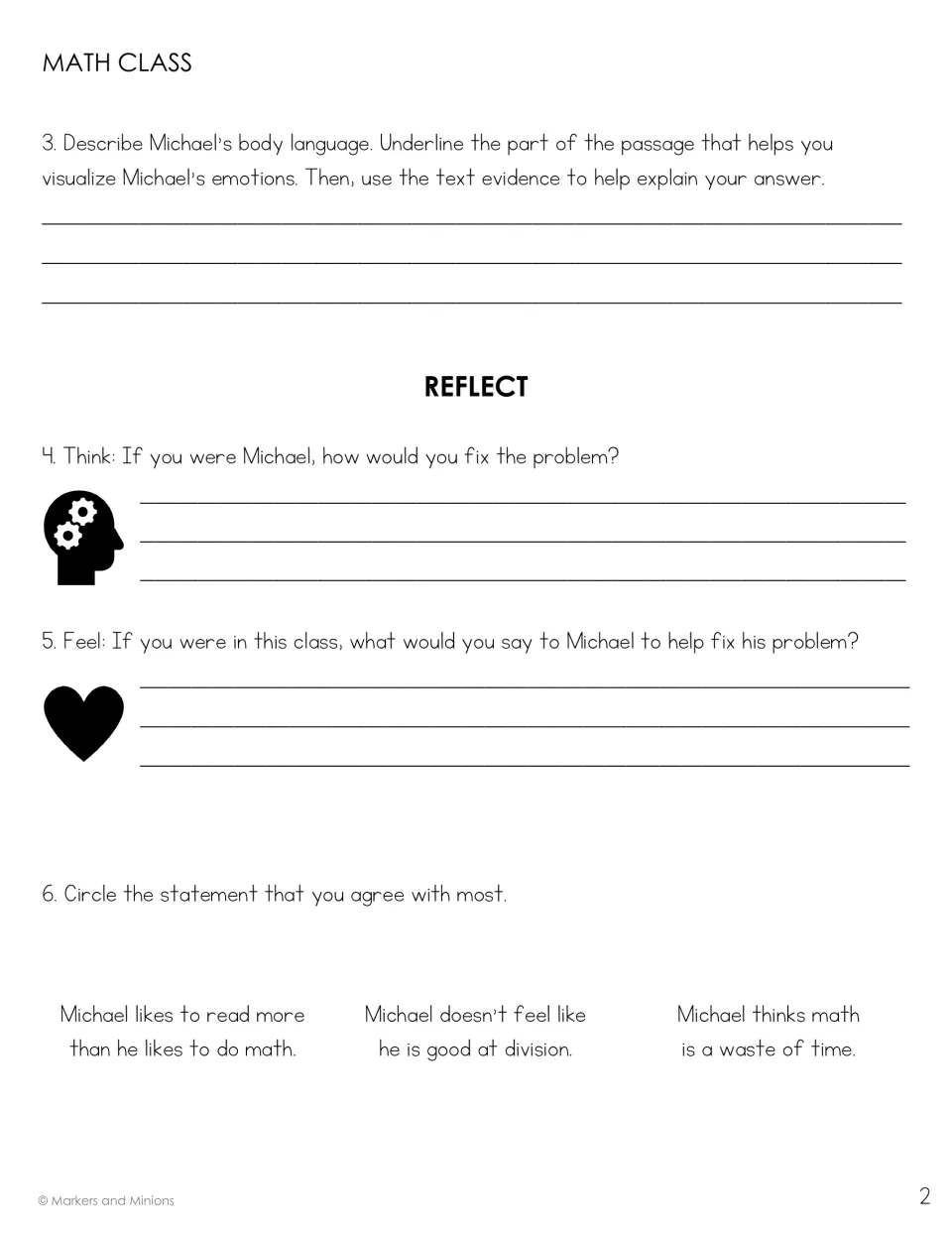 Math Class follow-up: students describe Michael's body language, suggest how to fix his problem and circle one statement