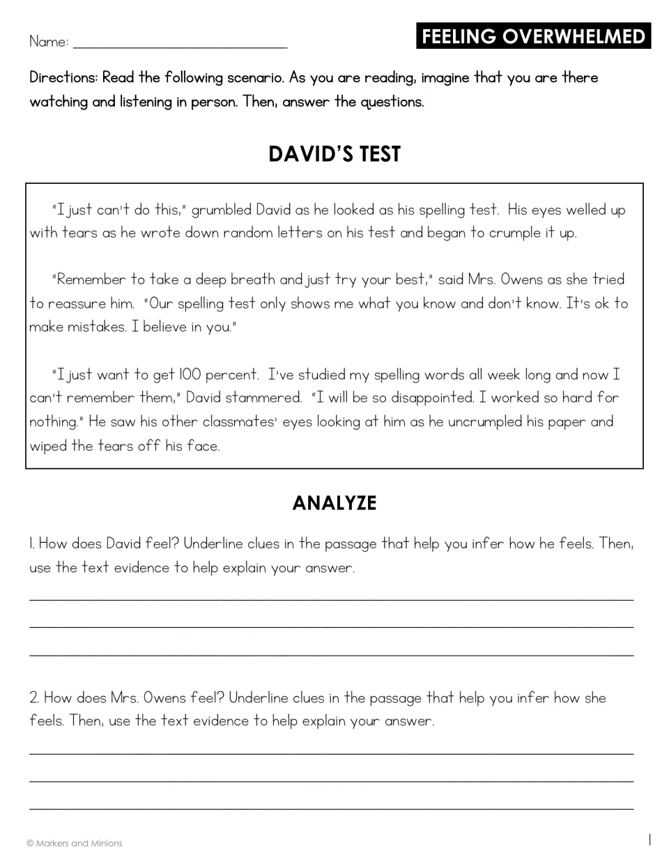 Feeling overwhelmed, David's Test: David cries over a spelling test; students infer how he and Mrs. Owens feel
