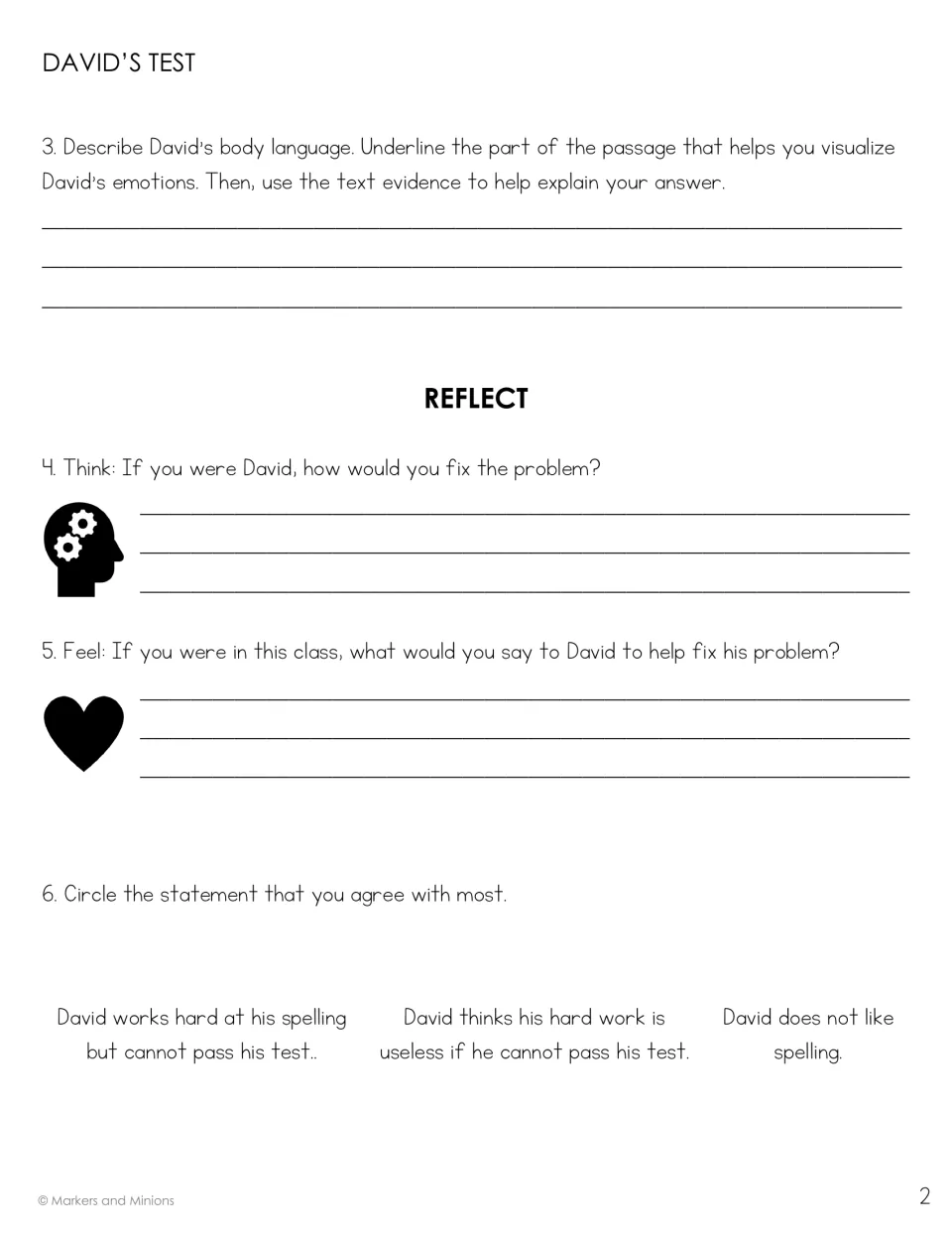 David's Test follow-up: students describe David's body language, plan how to help him and circle a statement