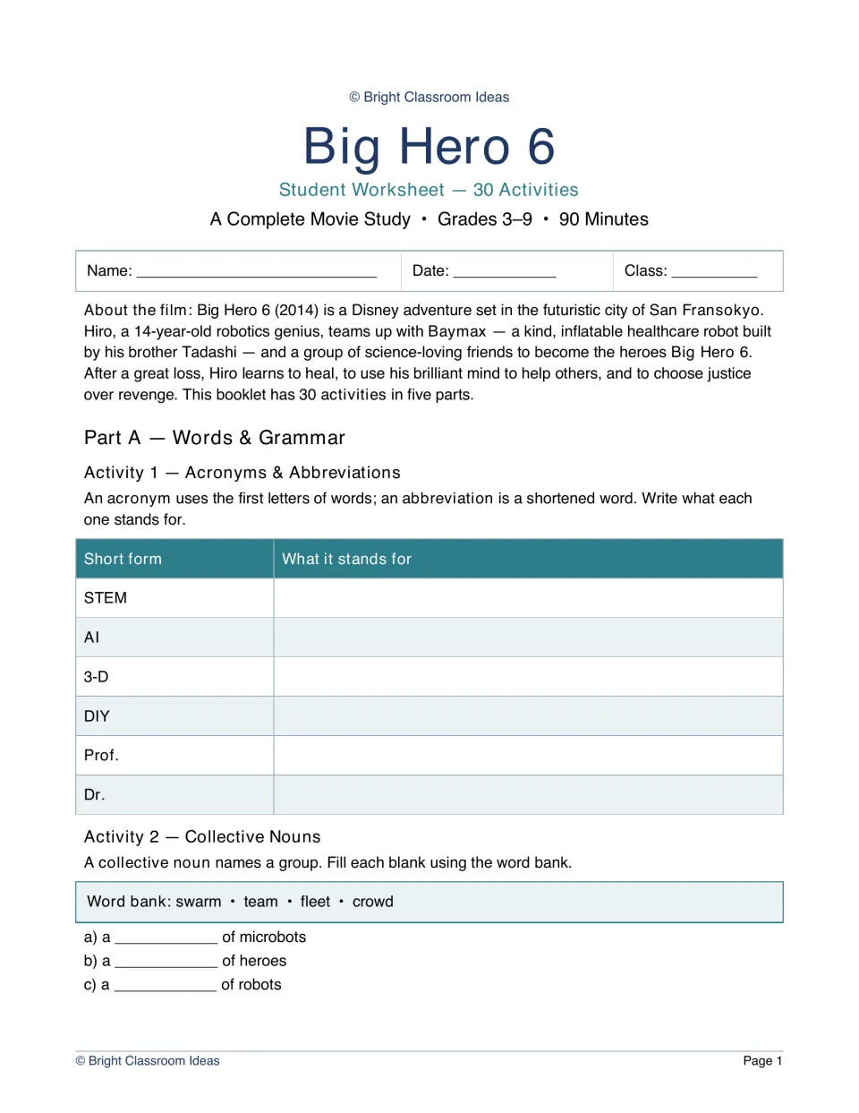 Student workbook opening: film introduction, acronym practice with STEM, AI and DIY, and collective nouns