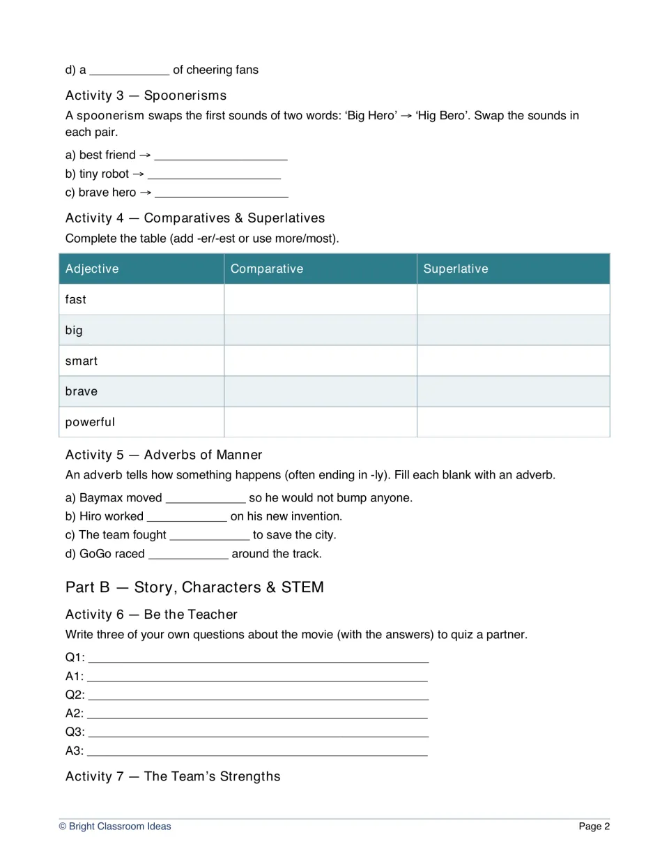 Workbook Activities 3–7 introduce spoonerisms, comparatives, adverbs, partner quiz questions and team strengths