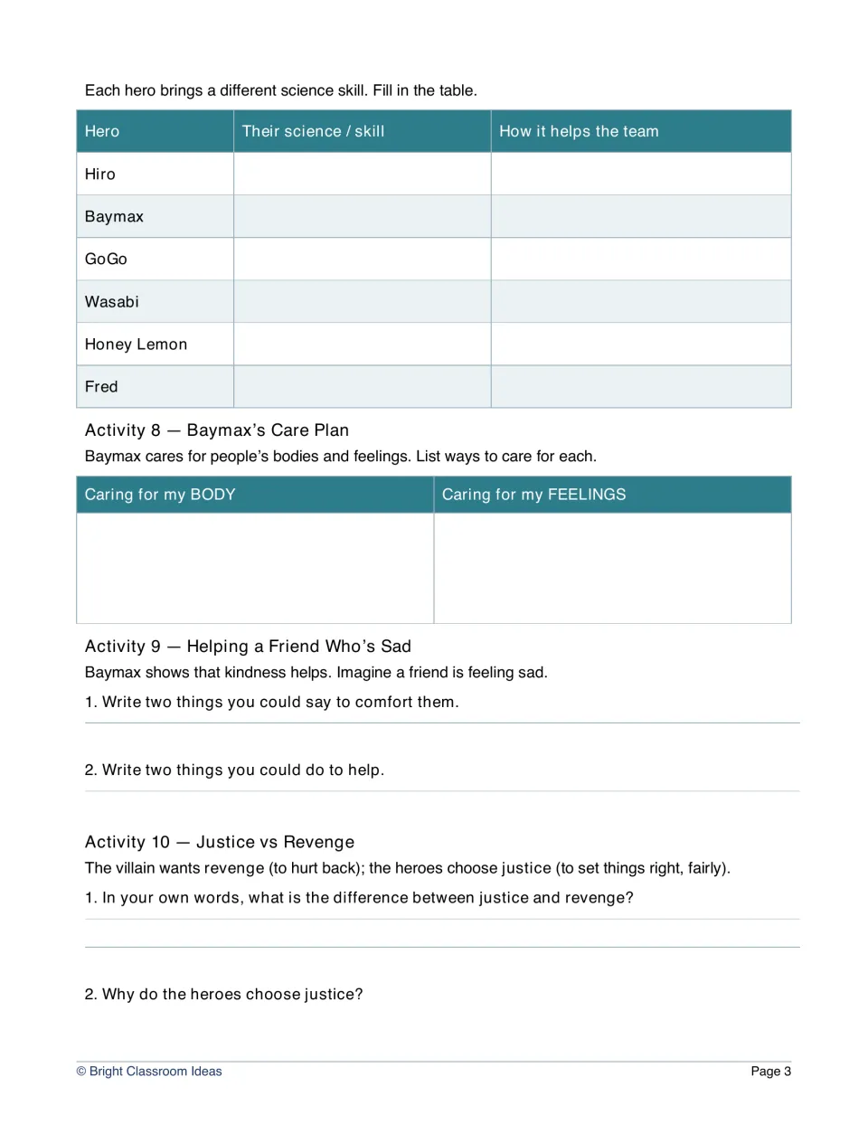 Workbook Activities 7–10 explore heroes' science skills, Baymax's care plan, comforting friends and justice