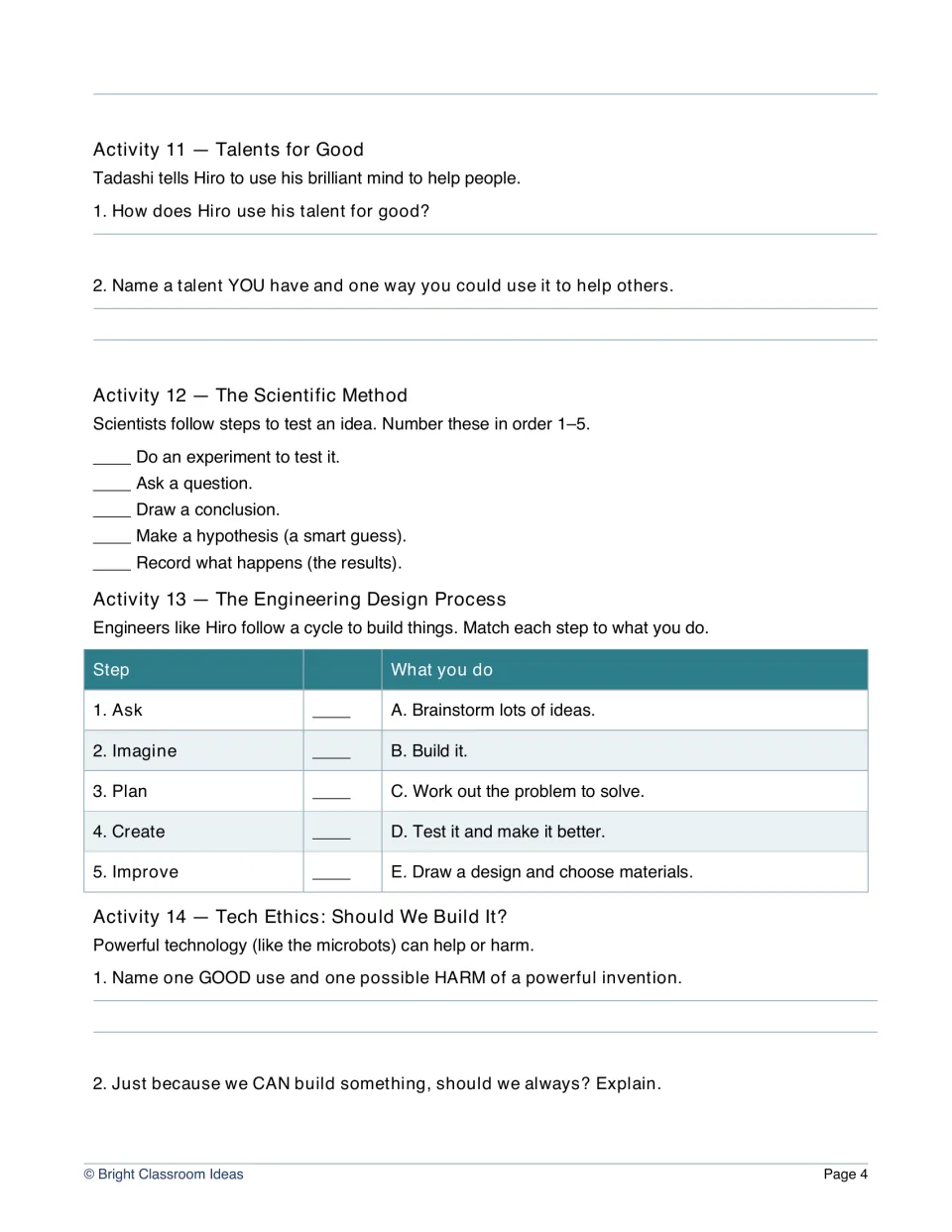 Workbook Activities 11–14 cover talents for good, scientific method, engineering design and technology ethics