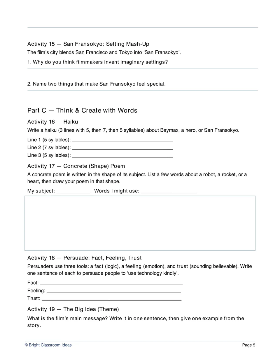Workbook Activities 15–19 explore San Fransokyo, haiku, shape poems, persuasive sentences and the film's theme
